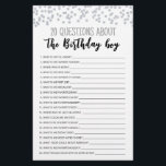 20 Questions À Propos Du Jeu Modifiable Pour Enfan<br><div class="desc">Achetez ce jeu éditable et profitez de la haute qualité 20 Questions A propos de la carte Birthday Boy pour votre événement! C'est un modèle de jeu,  Vous pouvez changer les questions comme vous le souhaitez! Conception de thème de confetti en argent.</div>