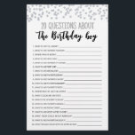 20 Questions À Propos Du Jeu Modifiable Pour Enfan<br><div class="desc">Achetez ce jeu éditable et profitez de la haute qualité 20 Questions A propos de la carte Birthday Boy pour votre événement! C'est un modèle de jeu,  Vous pouvez changer les questions comme vous le souhaitez! Conception de thème de confetti en argent.</div>