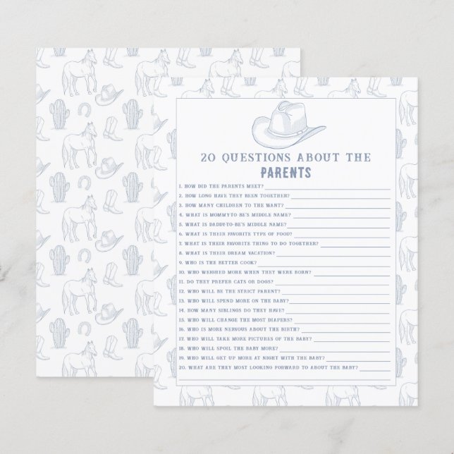 20 Questions de Parents - Baby shower Cowboy (Devant / Derrière)
