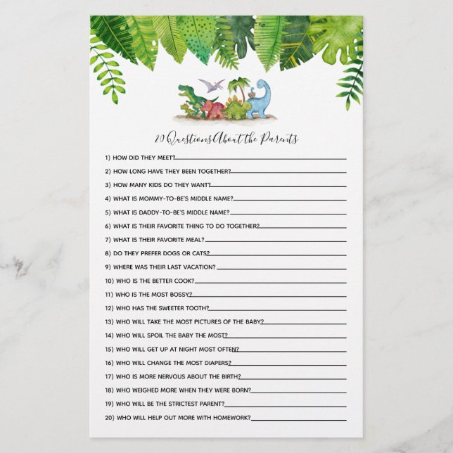 20 Questions Dinosaur Baby shower Jeu (Devant)