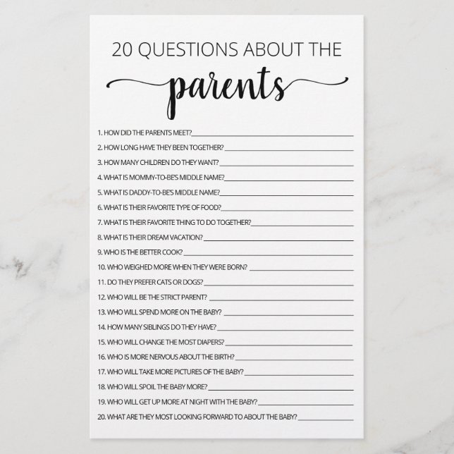 20 Questions sur la Baby Shower des parents jeu (Devant)