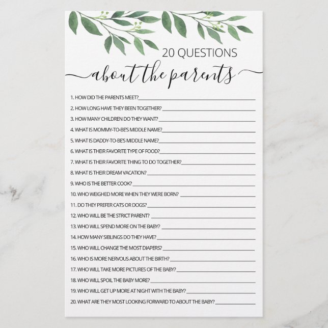 20 Questions sur la Baby Shower des parents jeu (Devant)