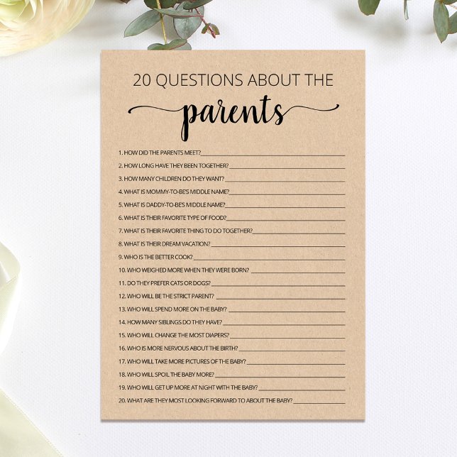 20 Questions sur la carte de Baby shower Parents (Créateur téléchargé)
