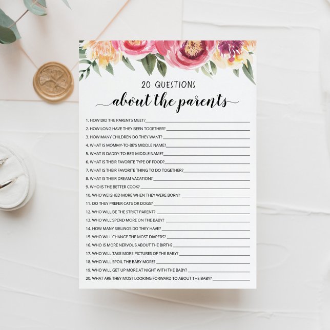 20 Questions sur la carte de Baby shower Parents (Créateur téléchargé)