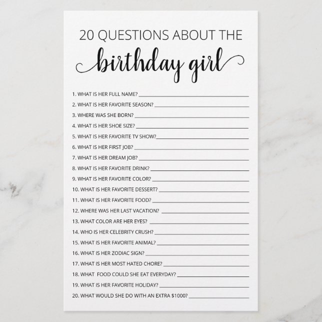 20 Questions sur la fille d'anniversaire Jeu d'ann (Devant)