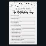 20 Questions sur le jeu Anniversaire Garçon Annive<br><div class="desc">Achetez ce jeu éditable et profitez de la haute qualité 20 Questions sur la carte Birthday Boy pour votre événement! C'est un modèle de jeu,  Vous pouvez changer les questions comme vous le souhaitez! Design noir et blanc.</div>