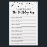 20 Questions sur le jeu Anniversaire Garçon Annive<br><div class="desc">Achetez ce jeu éditable et profitez de la haute qualité 20 Questions sur la carte Birthday Boy pour votre événement! C'est un modèle de jeu,  Vous pouvez changer les questions comme vous le souhaitez! Design noir et blanc.</div>