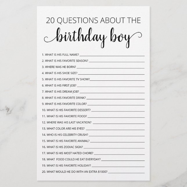 20 Questions sur le jeu d'anniversaire du garçon q (Devant)