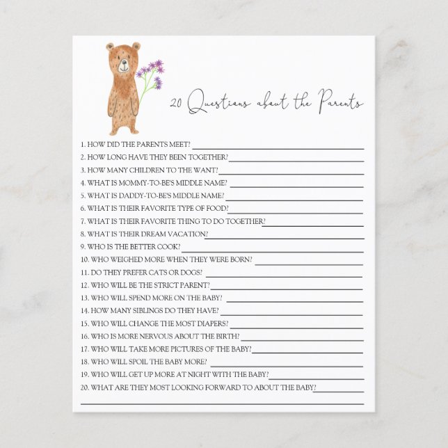 20 Questions sur le jeu de baby shower des parents (Devant)