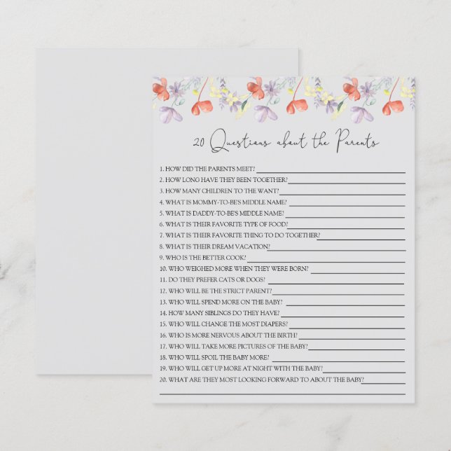 20 Questions sur le jeu de baby shower des parents (Devant / Derrière)