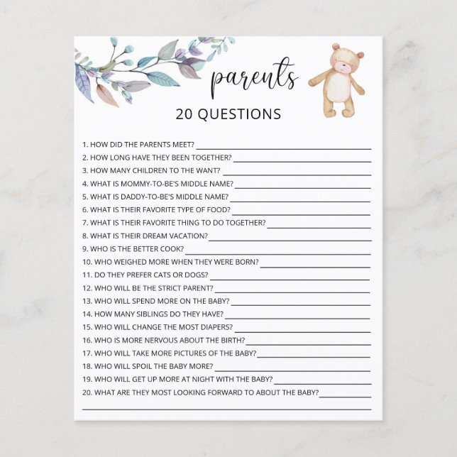 20 Questions sur le jeu de baby shower des parents (Devant)