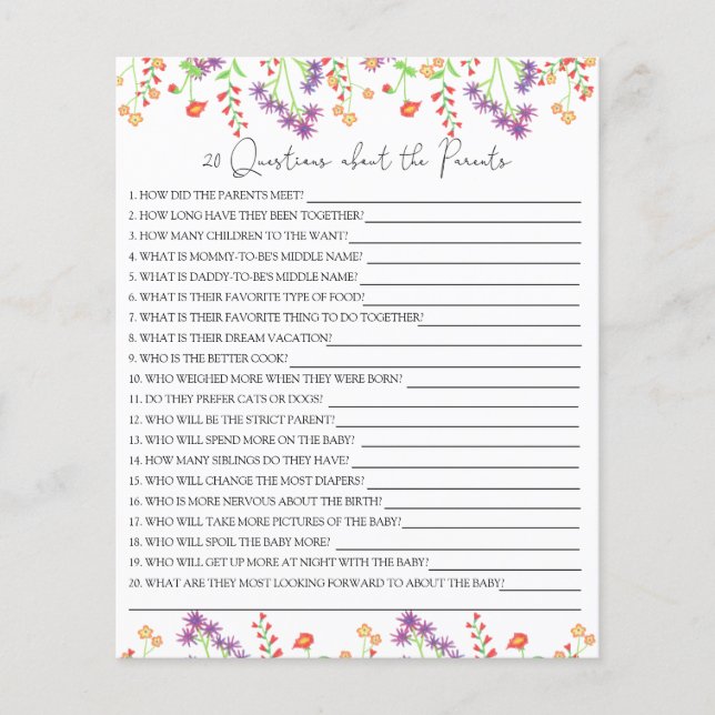 20 Questions sur le jeu de baby shower des parents (Devant)