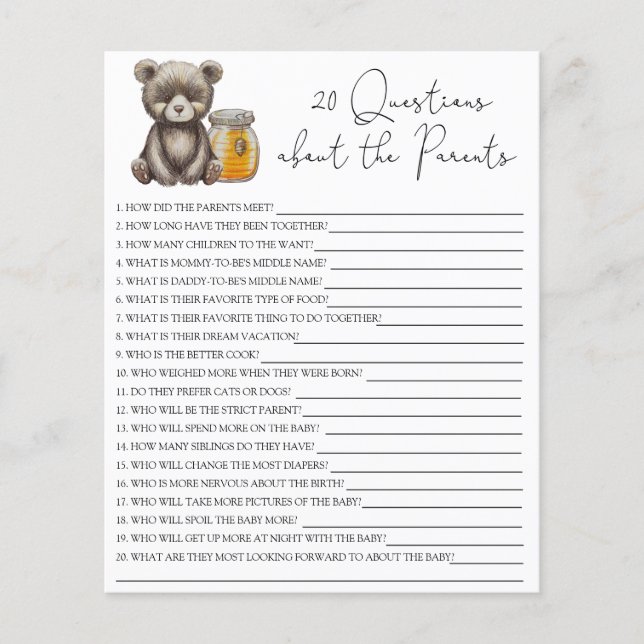 20 Questions sur le jeu de baby shower des parents (Devant)