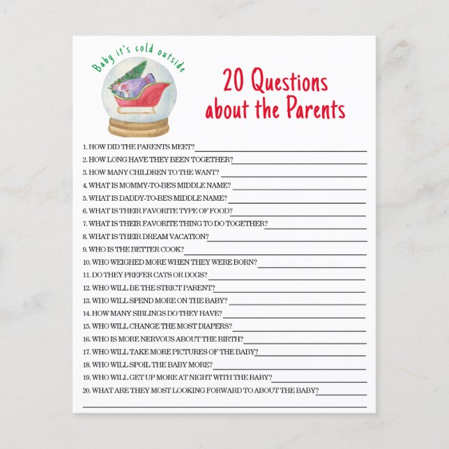 20 Questions sur le jeu de baby shower des parents (Devant)
