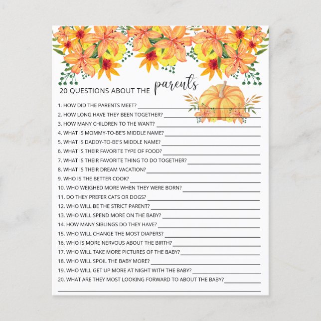 20 Questions sur le jeu de baby shower des parents (Devant)
