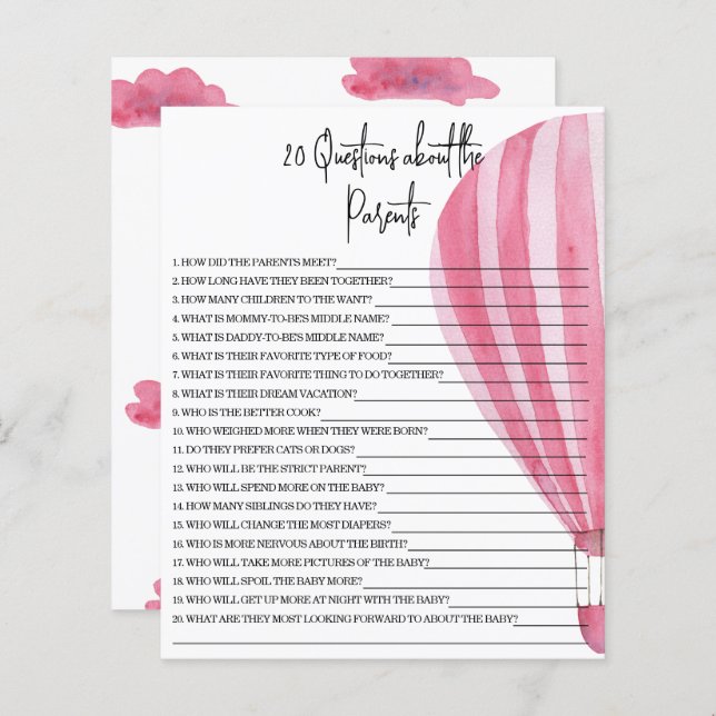 20 Questions sur le jeu de baby shower des parents (Devant / Derrière)