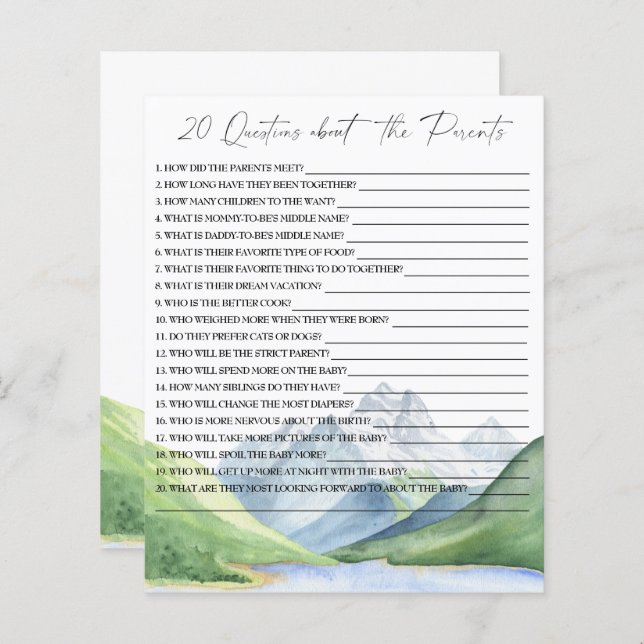 20 Questions sur le jeu de baby shower Parents (Devant / Derrière)