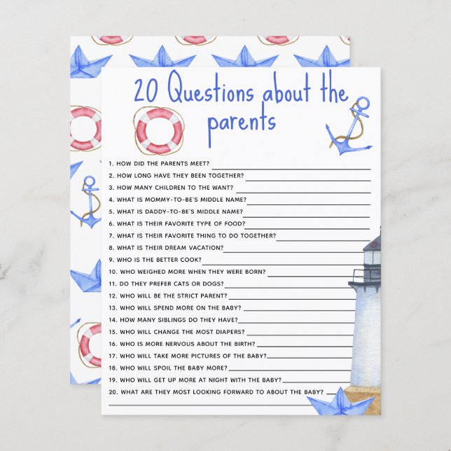 20 Questions sur le jeu de baby shower Parents (Devant / Derrière)