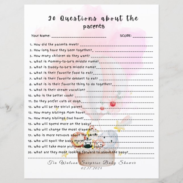 20 Questions sur le jeu de Baby shower Parents (Devant)