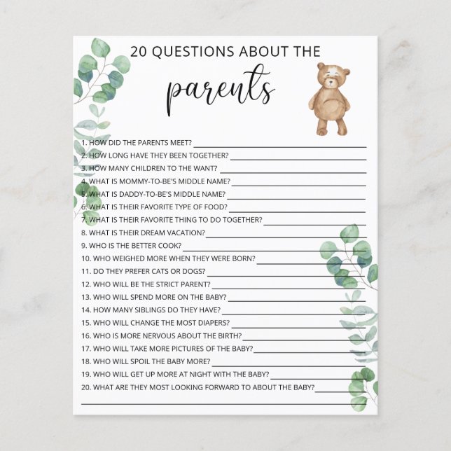 20 Questions sur le jeu de baby shower Parents (Devant)