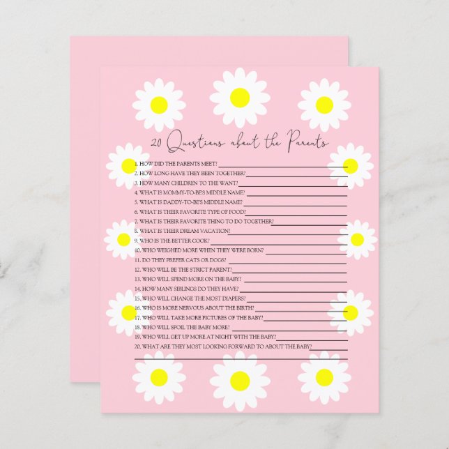 20 Questions sur le jeu de baby shower Parents (Devant / Derrière)