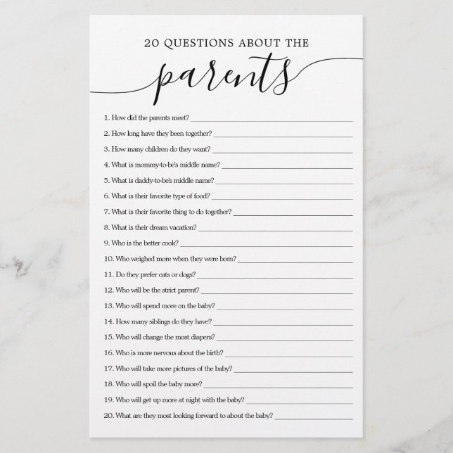20 Questions sur le jeu de Baby shower Parents (Devant)