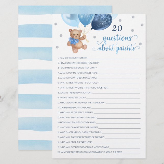 20 Questions sur les parents Baby Shower Teddy Bea (Devant / Derrière)