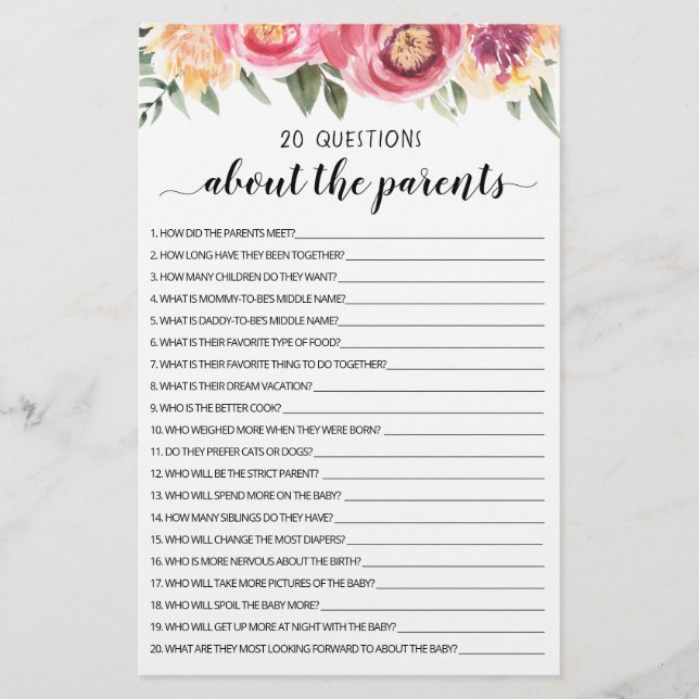 20 Questions sur les Parents Jeu modifiable (Devant)