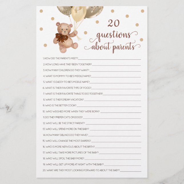 20 Questions sur les parents Ourson Fête bébé (Devant)