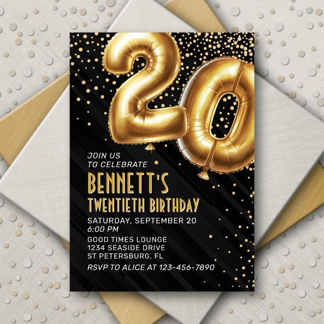 20e anniversaire Gold Black Invitation (Créateur téléchargé)