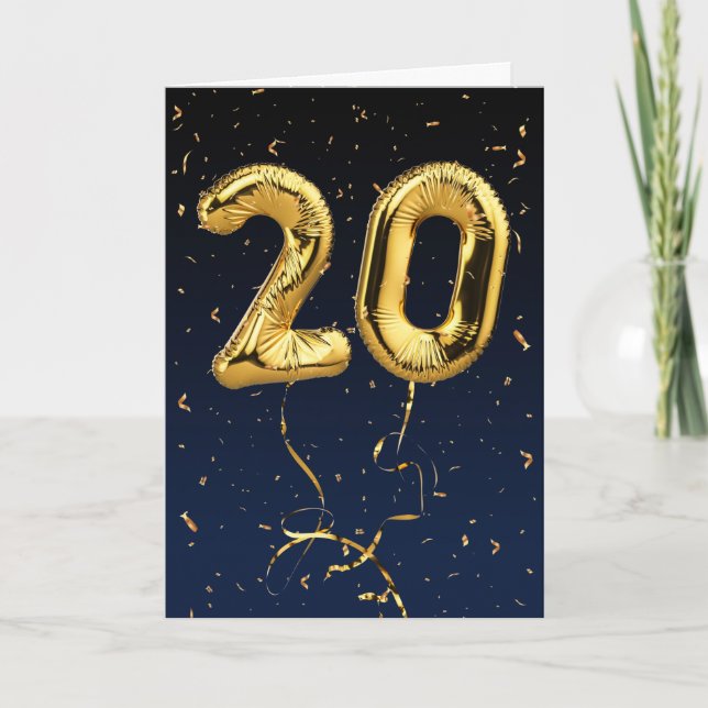 20e Anniversaire Gold Mylar Balloon et carte Confe (Devant)