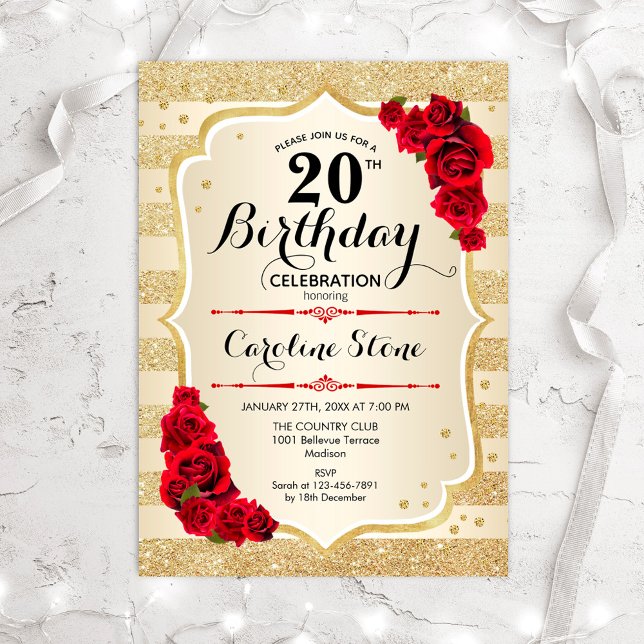 20e anniversaire - Gold Stripes Invitation Rose (Créateur téléchargé)
