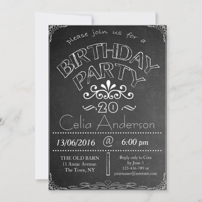 20e Chalkboard Anniversaire Célébration Invitation (Devant)