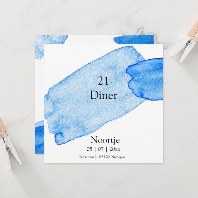 21 Diner uitnodiging moderne verfstrepen blauw (Devant/Arrière en situation)