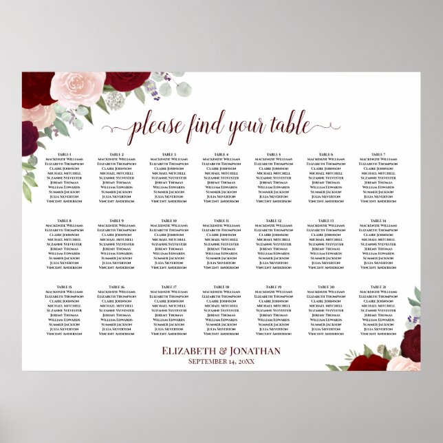 21 Tableau Burgundy Blush Boho Floral Seating Char (Devant)