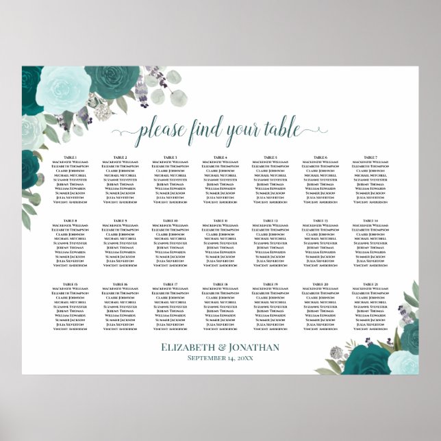 21 Tableau Turquoise Boho Floral Mariage Siège (Devant)