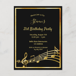 21e anniversaire Black gold music notes invitation