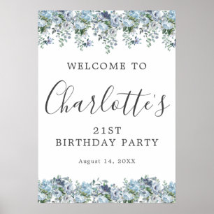 21e anniversaire Blue Floral Affiche de bienvenue