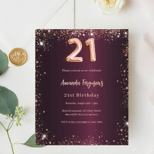 21e anniversaire burgundy rose or invitation