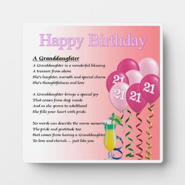 21e anniversaire Design Grandgirl Poème Plaque (Devant)