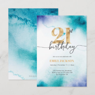 21e anniversaire Eau turquoise invitation or