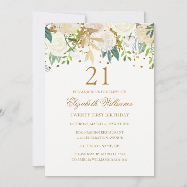 21e anniversaire Elegant or Floral Invitation (Devant)
