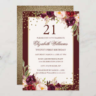 21e anniversaire Gold Bourgogne Floral Invitation