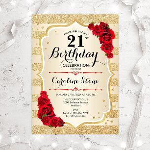 21e anniversaire - Gold Stripes Invitation Rose