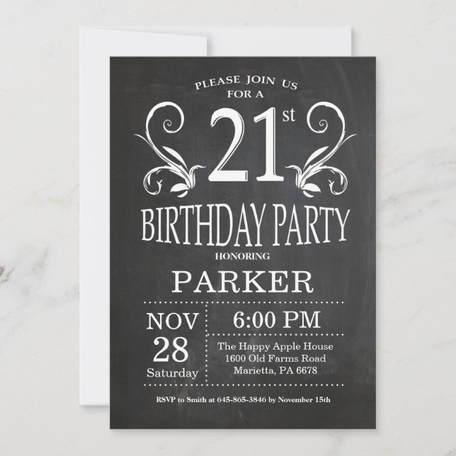 21e anniversaire Invitation Chalkboard Floral (Devant)