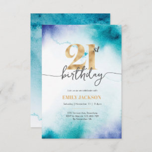 21e anniversaire Invitation en or d'aquarelle turq