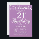 21e anniversaire Invitation Lavande violette Lilac<br><div class="desc">21e Invitation d'anniversaire avec des lampes à cordes. Arrière - plan Lilac Lavande Violette. Femme Invitation anniversaire Élégante. 13e 15e 16e 18e 20e 21e 30e 40e 50e 60e 70e 80e 90e 100e, n'importe quel âge. Pour plus de personnalisation, cliquez sur le bouton "Customiser" et utilisez notre outil de conception pour...</div>
