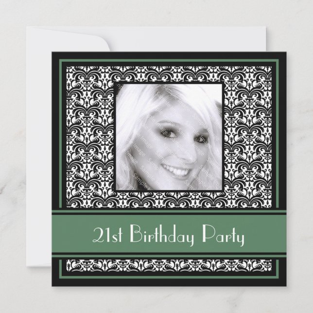 21e anniversaire Invitations Damask Green (Devant)