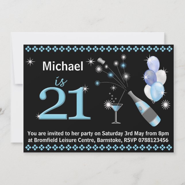21e anniversaire Invitations - Noir et Bleu (Devant)