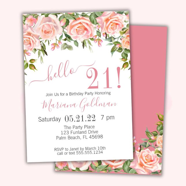 21e anniversaire Invitations Pink Floral Modern Pa (Créateur téléchargé)